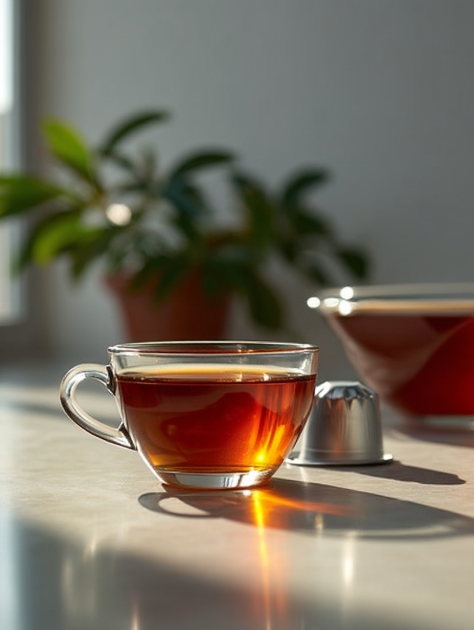Clear glass mug with tea on a wooden surface with a blurred plant in the background